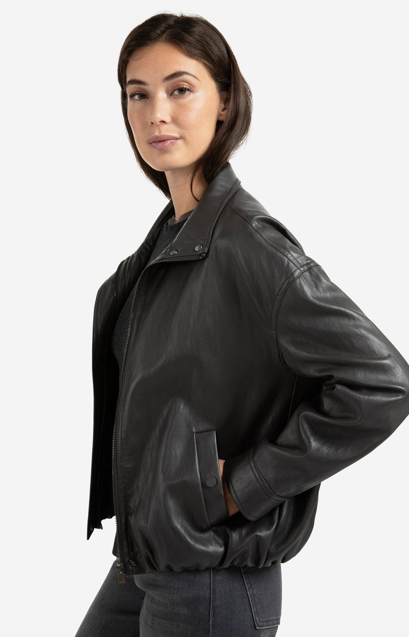 Short Faux Leather Jacket With Elastic Hem Anthracite Brown