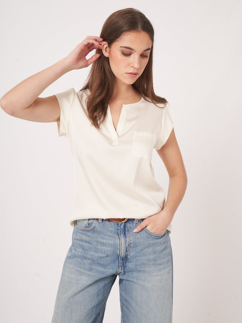 Short-Sleeved Silk Top With Pocket-Repeat-Tocca Finita