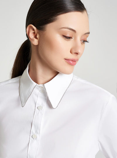 Stretch Cotton Blouse With Crystals White-Comicetta Snob-Tocca Finita
