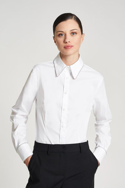 Stretch Cotton Blouse With Crystals White-Comicetta Snob-Tocca Finita