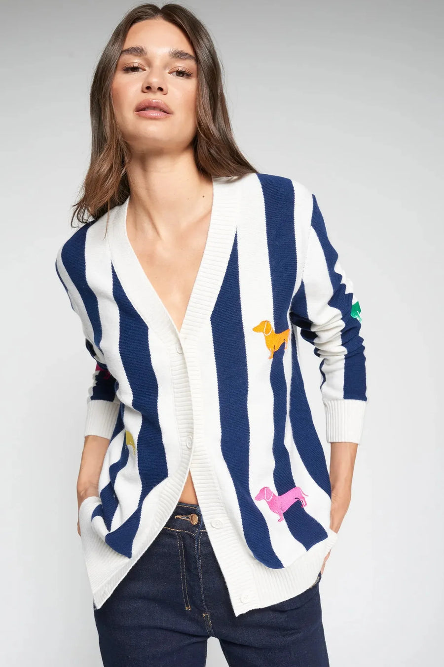 Striped Cardigan With Dog Embroidery Navy-Vilagallo-Tocca Finita