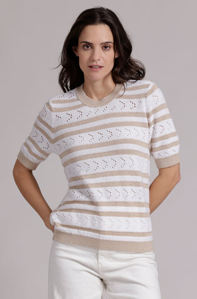 Striped Pointelle Crew in Brown/White-Minnie Rose-Tocca Finita