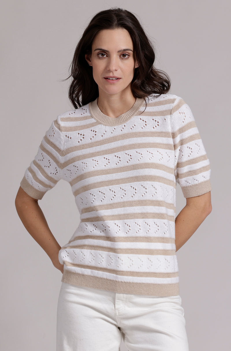 Striped Pointelle Crew in Brown/White-Minnie Rose-Tocca Finita