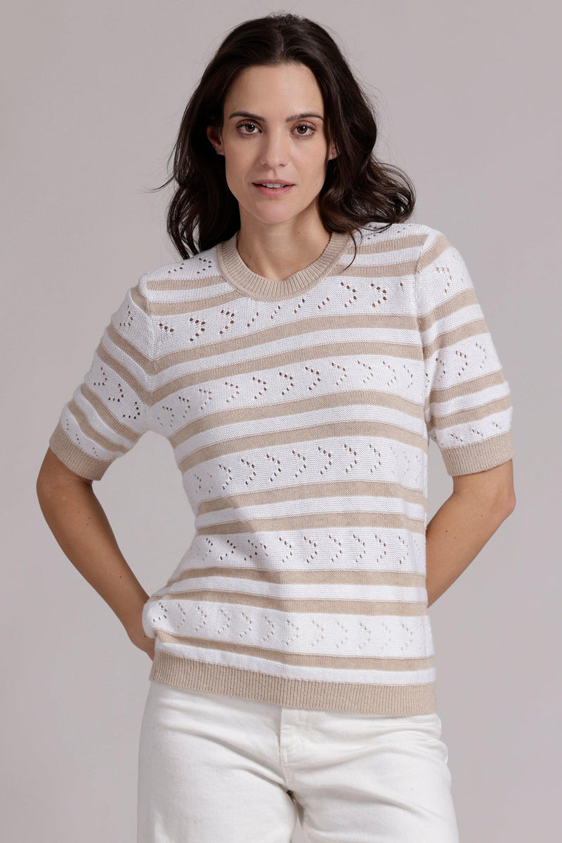 Striped Pointelle Crew in Brown/White-Minnie Rose-Tocca Finita