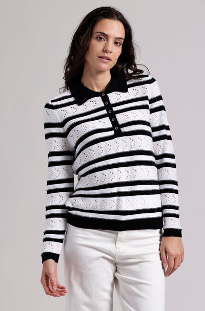 Striped Pointelle Polo in Black/White-Minnie Rose-Tocca Finita