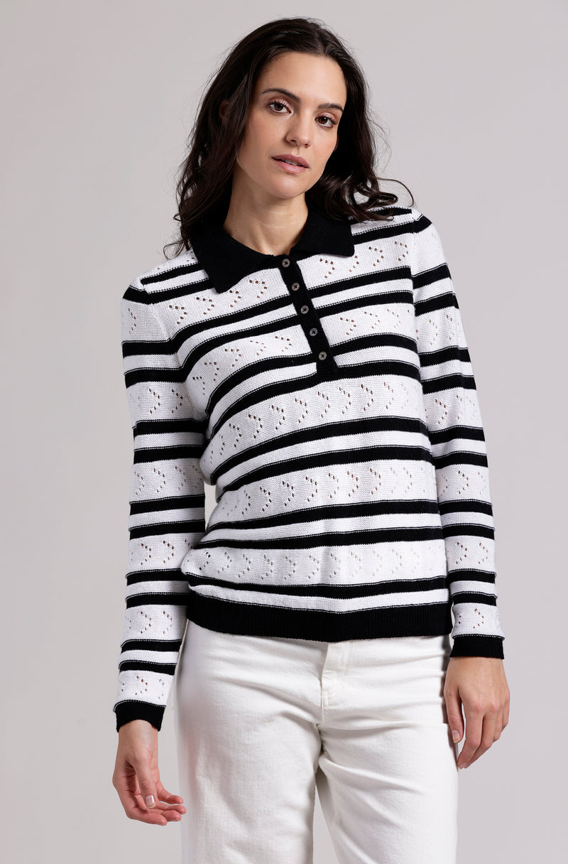 Striped Pointelle Polo in Black/White-Minnie Rose-Tocca Finita