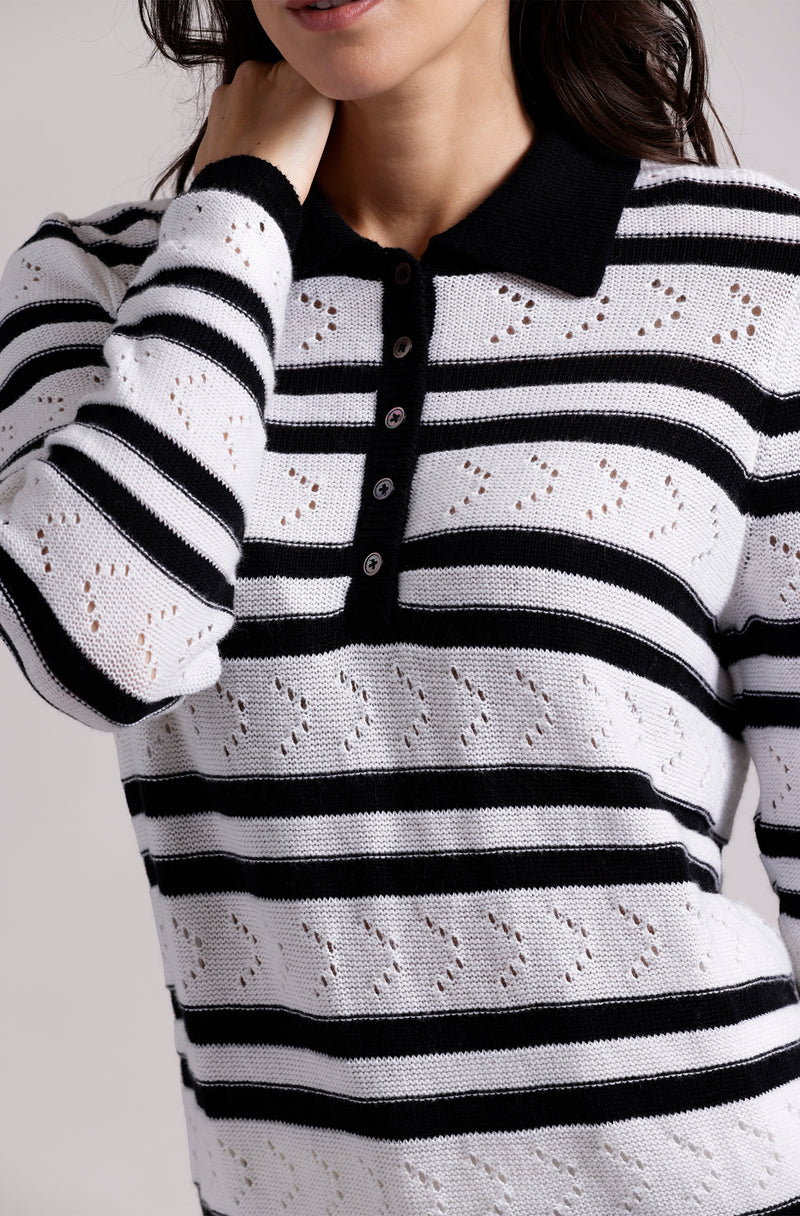 Striped Pointelle Polo in Black/White-Minnie Rose-Tocca Finita