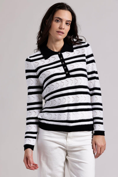 Striped Pointelle Polo in Black/White-Minnie Rose-Tocca Finita