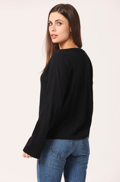 Supima Cotton Cashmere Wide V Neck Top Black-Mini Rose-Tocca Finita
