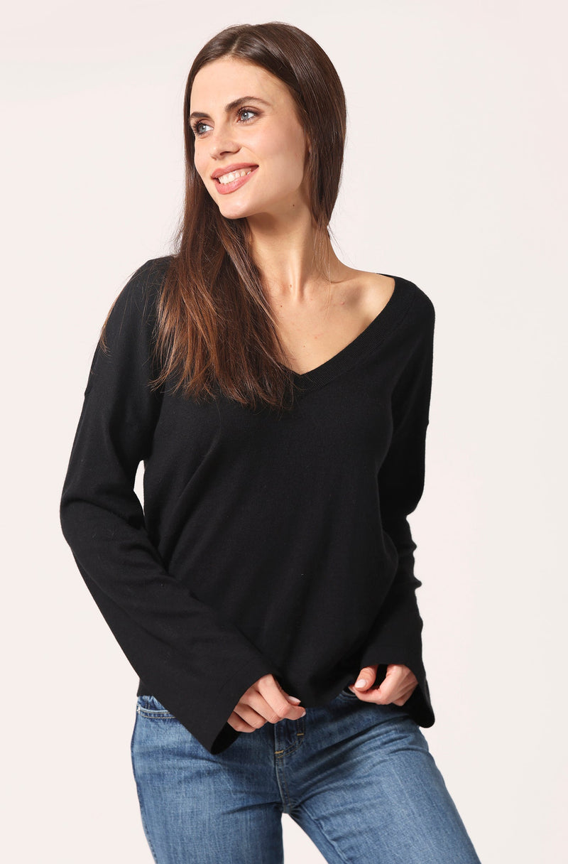 Supima Cotton Cashmere Wide V Neck Top Black-Minnie Rose-Tocca Finita