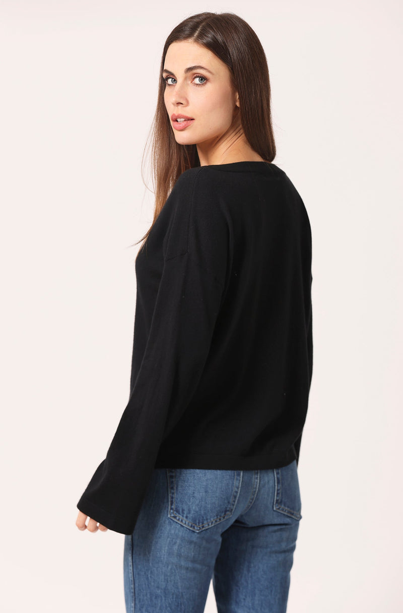 Supima Cotton Cashmere Wide V Neck Top Black-Minnie Rose-Tocca Finita