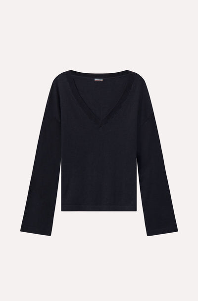 Supima Cotton Cashmere Wide V Neck Top Black-Minnie Rose-Tocca Finita