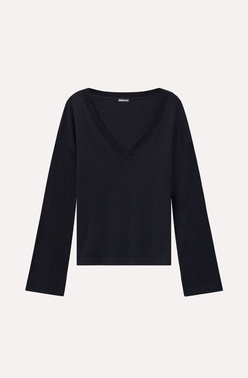Supima Cotton Cashmere Wide V Neck Top Black-Minnie Rose-Tocca Finita