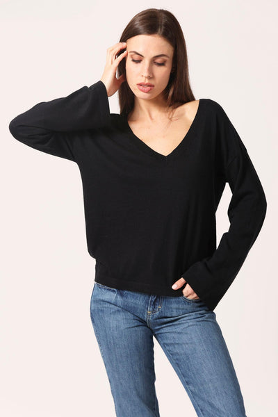 Supima Cotton Cashmere Wide V Neck Top Black-Minnie Rose-Tocca Finita