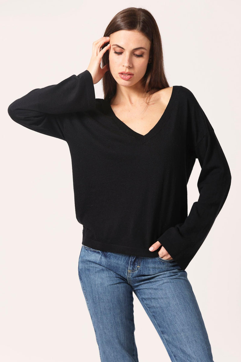 Supima Cotton Cashmere Wide V Neck Top Black-Minnie Rose-Tocca Finita