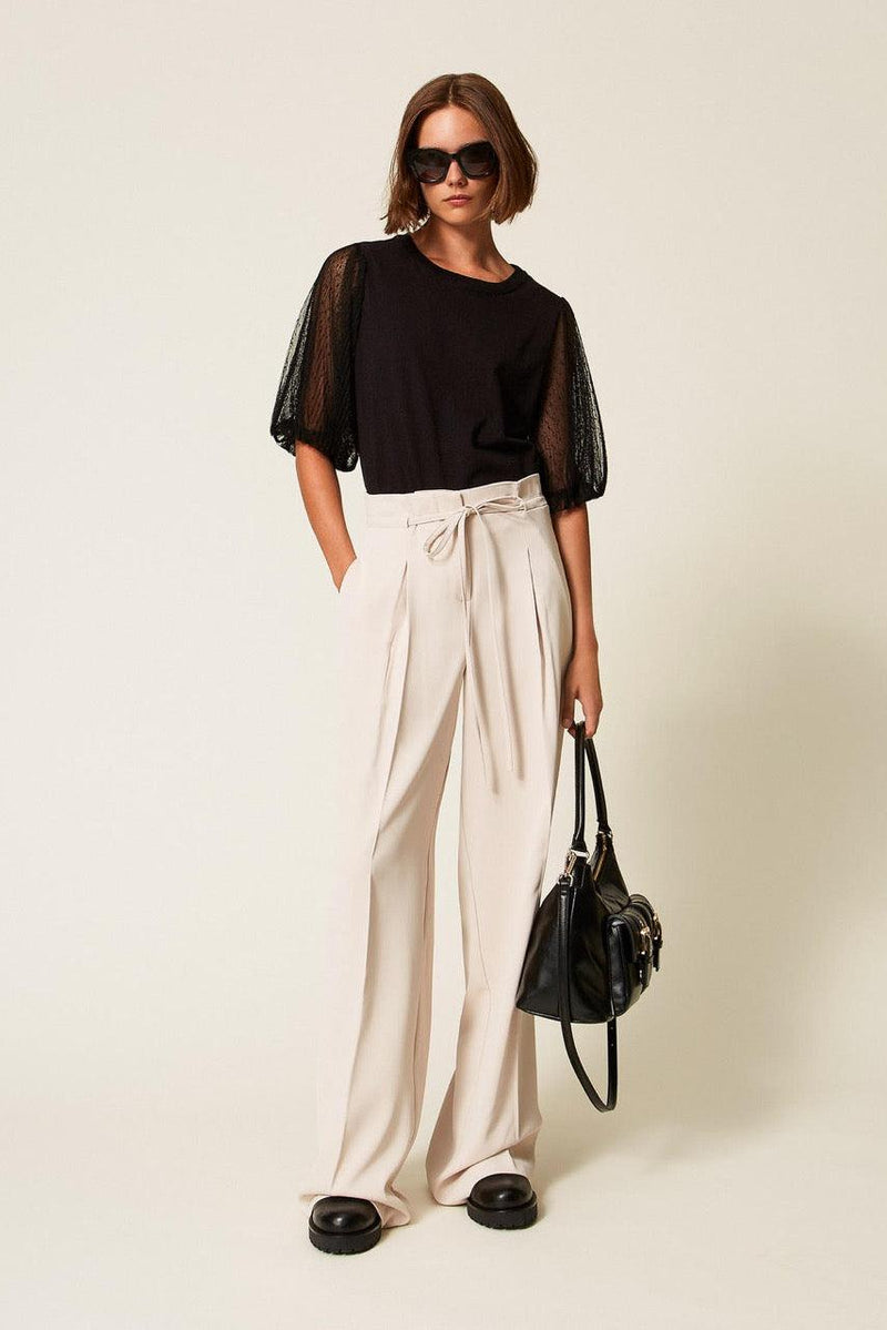 T-shirt With Tulle Sleeves Black-TWINSET-Tocca Finita