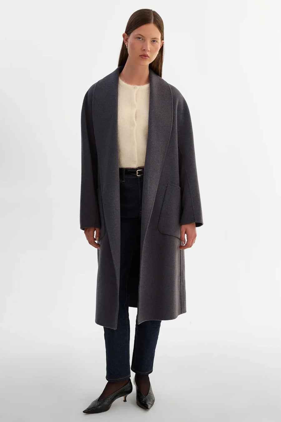Thara Shawl Collar Wool Coat Heather Dark Slate-LAMARQUE-Tocca Finita