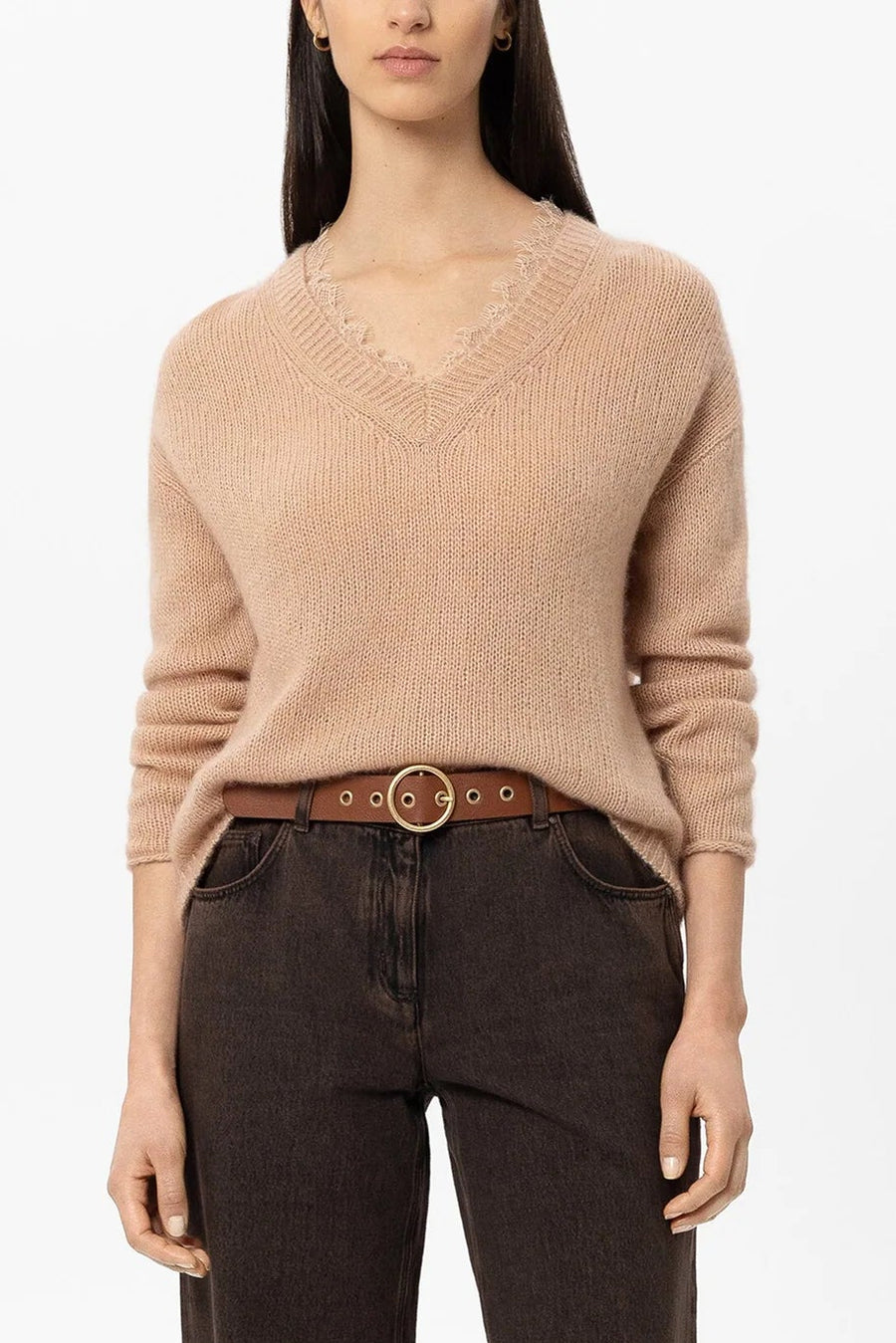 V-Neck Sweater Made From Alpaca Blend Cappuccino-Luisa Cerano-Tocca Finita
