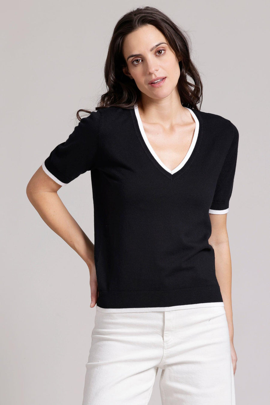 V Neck with Tipping in Black/White-Minnie Rose-Tocca Finita