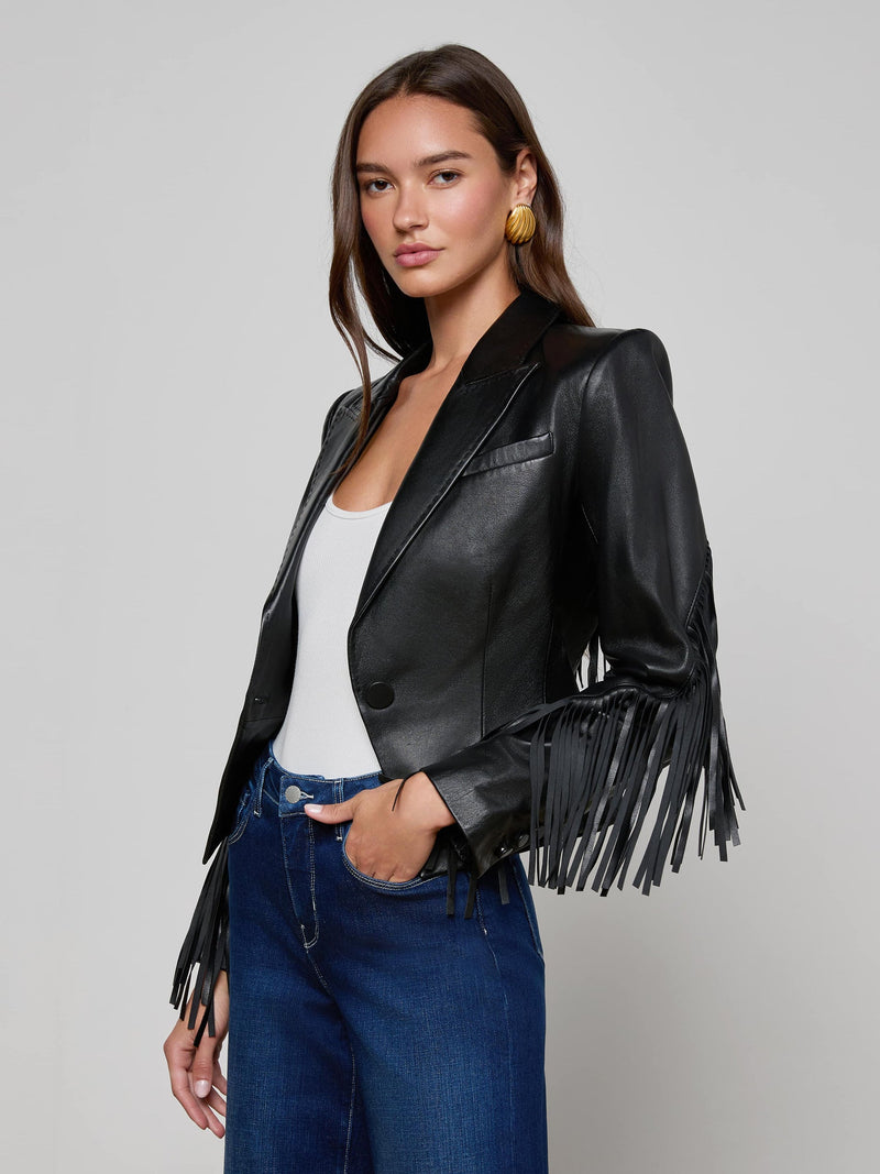 Vashti Fringed Leather Blazer Black-L&