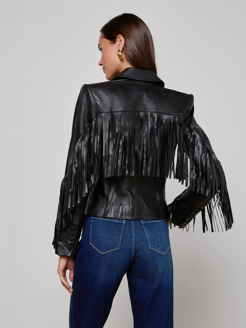 Vashti Fringed Leather Blazer Black-L&
