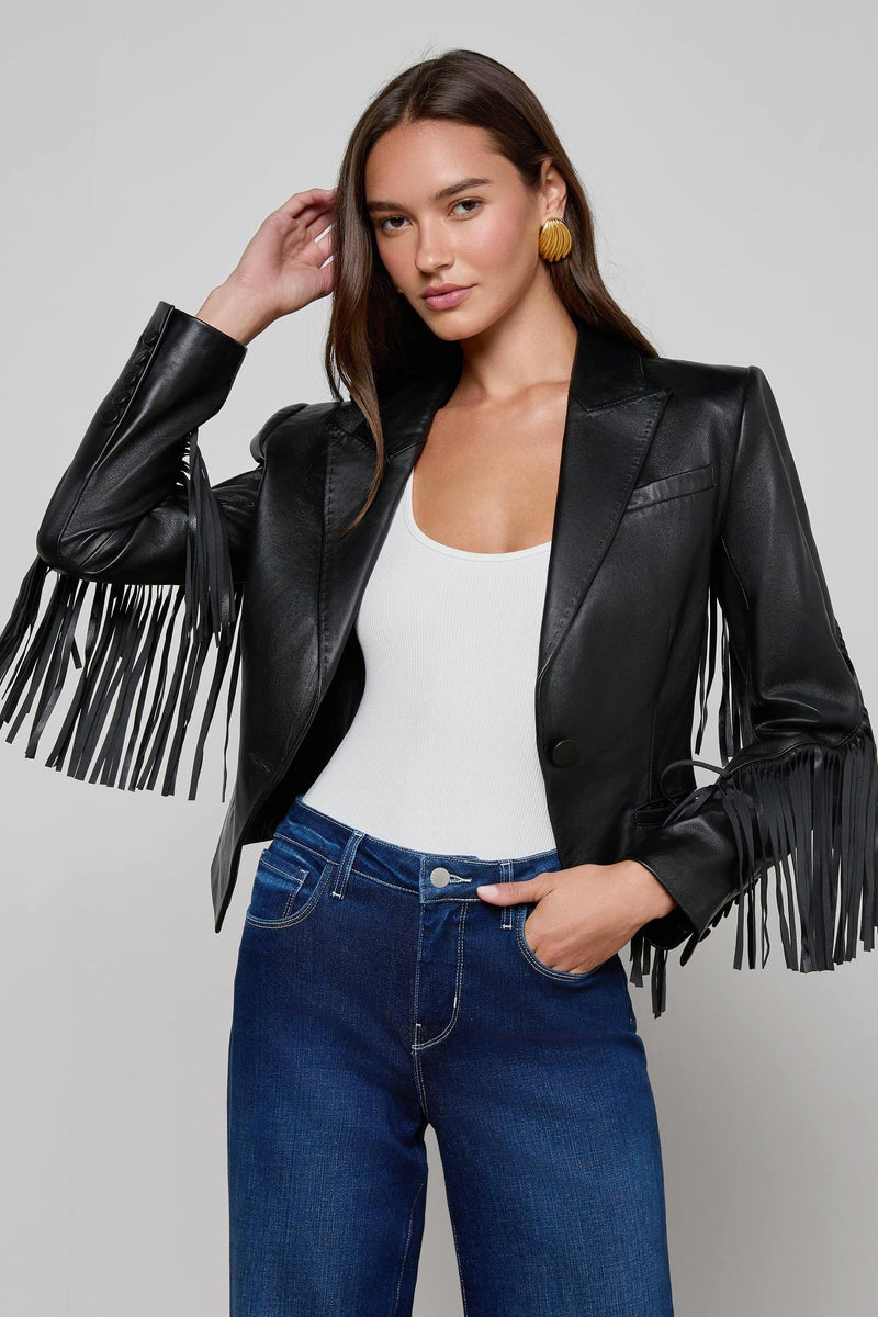 Vashti Fringed Leather Blazer Black-L&