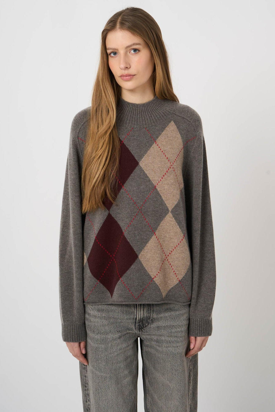 Wool-Cashmere Argyle Intarsia Sweater with Stand Collar Rock-Repeat-Tocca Finita