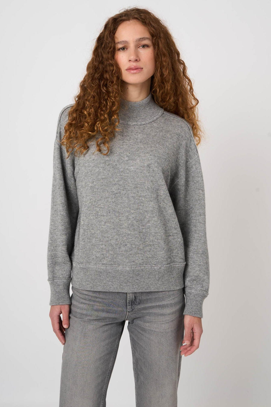 Wool-Cashmere Terry Knit Sweater with Mock Neck Light Grey-Repeat-Tocca Finita