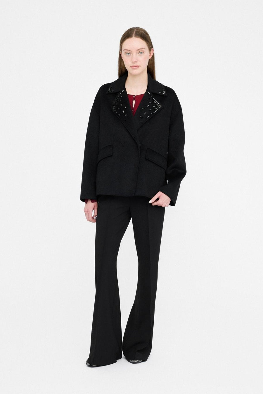 Wool Coat With Bejewelled Embroidery Black-Liu Jo-Tocca Finita