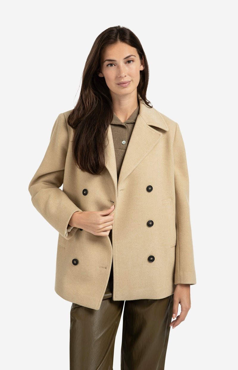 Woven Short Coat With Double-Breasted Closure Greenish Sand Beige-Yaya-Tocca Finita