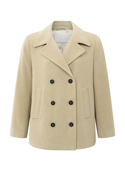 Woven Short Coat With Double-Breasted Closure Greenish Sand Beige-Yaya-Tocca Finita