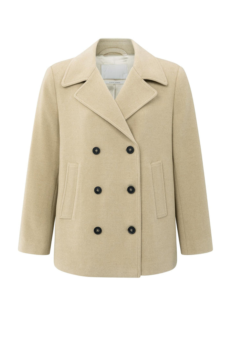 Woven Short Coat With Double-Breasted Closure Greenish Sand Beige-Yaya-Tocca Finita