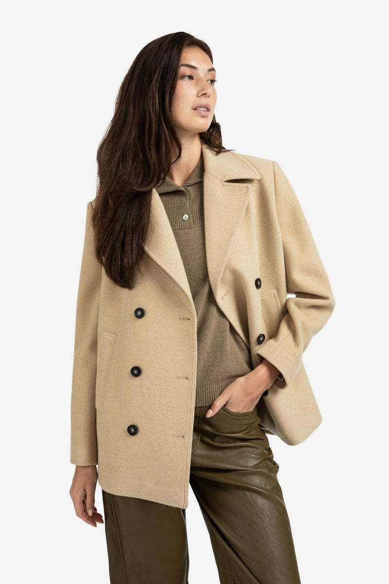 Woven Short Coat With Double-Breasted Closure Greenish Sand Beige