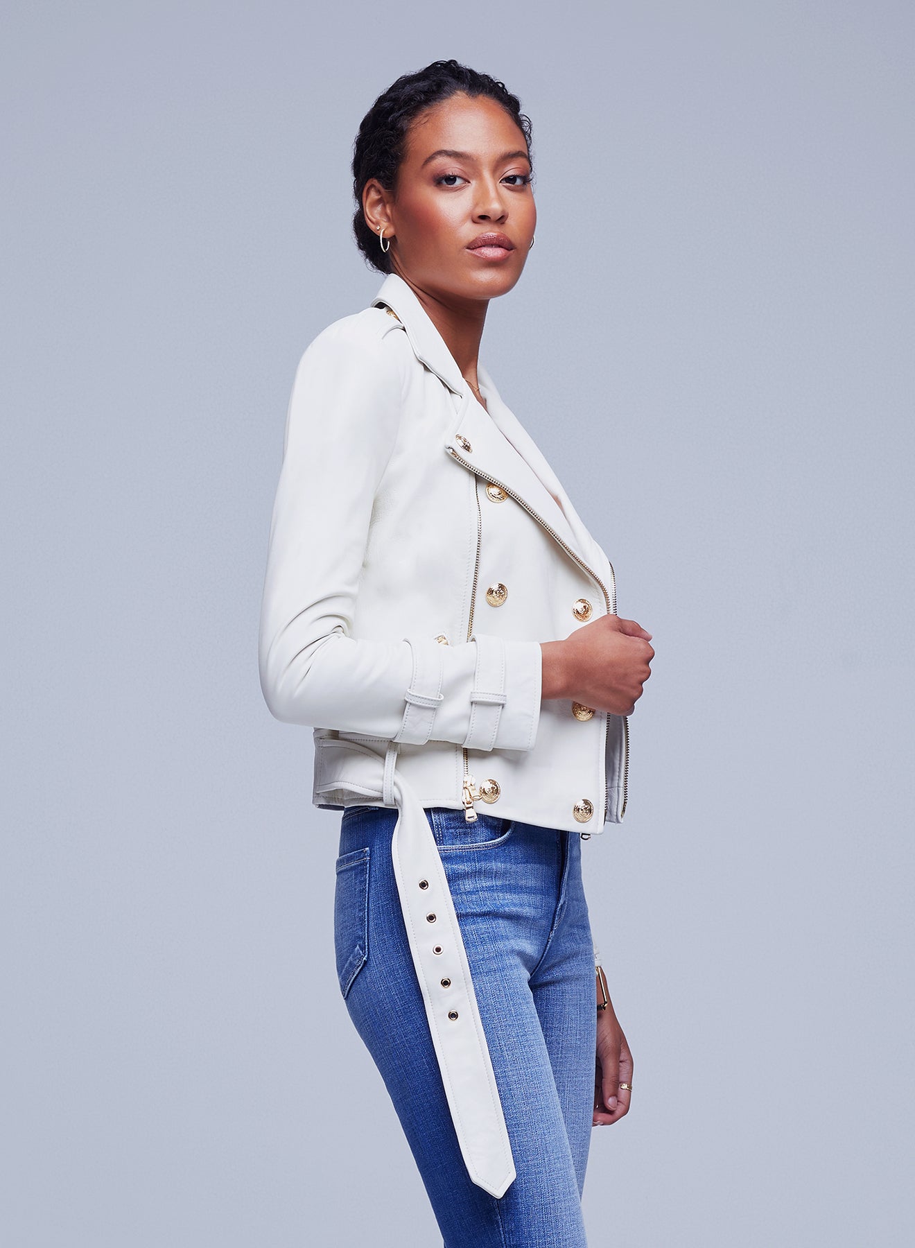 Billie Belted Leather Jacket in White by L'AGENCE