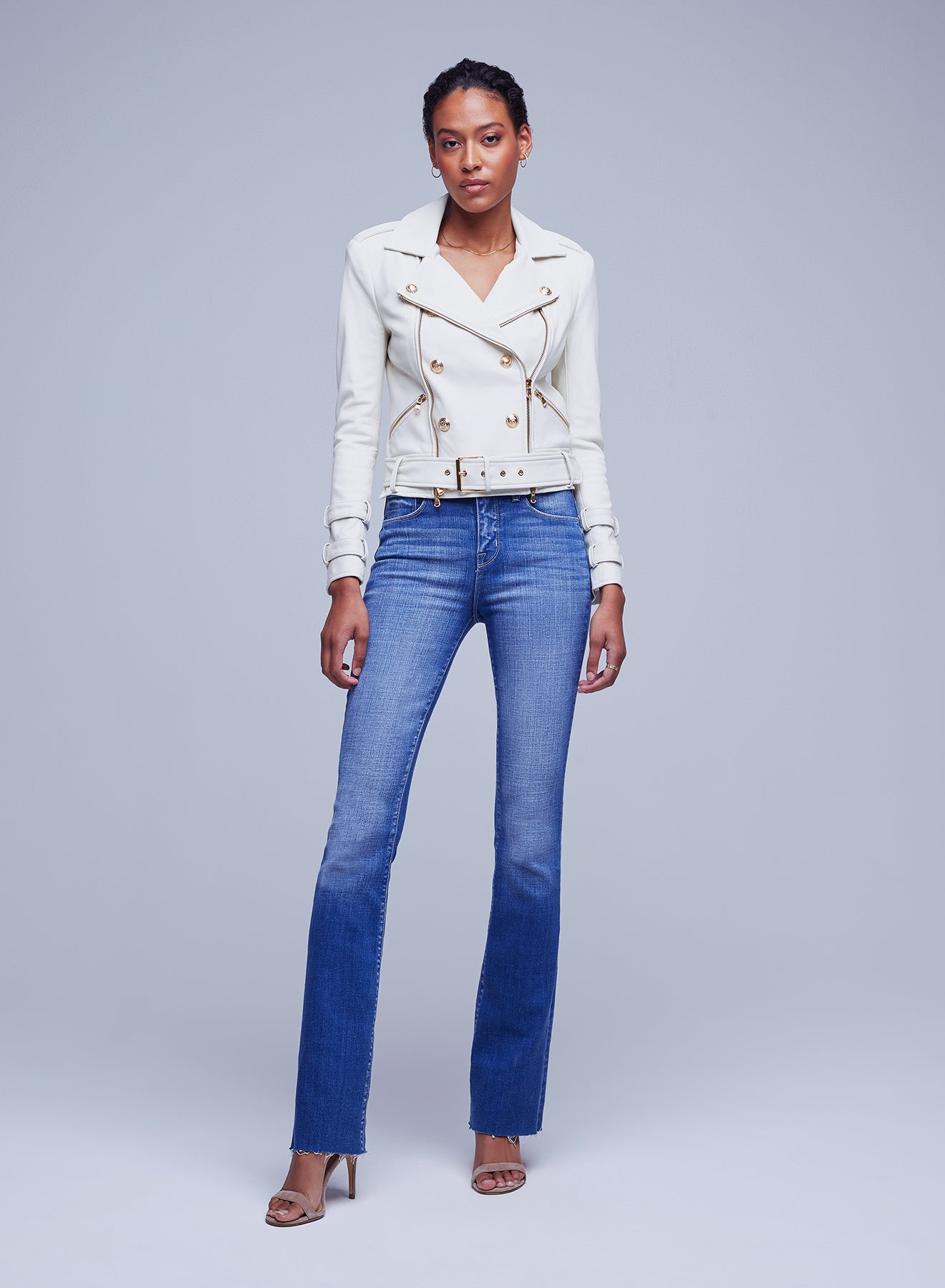 Billie Belted Leather Jacket in White by L'AGENCE