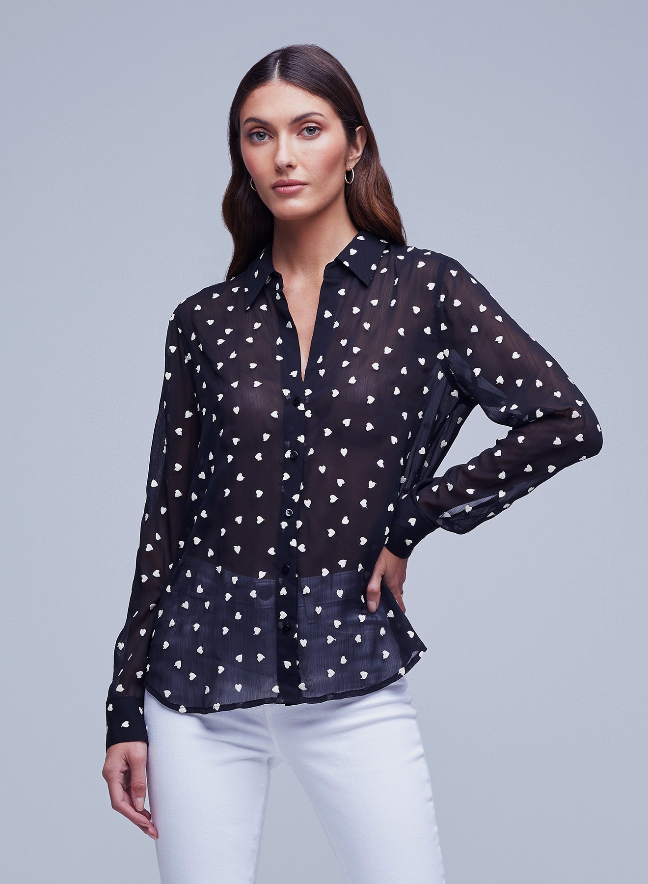 Laurent Blouse with Heart Embroidery in Black/Ivory by L'AGENCE