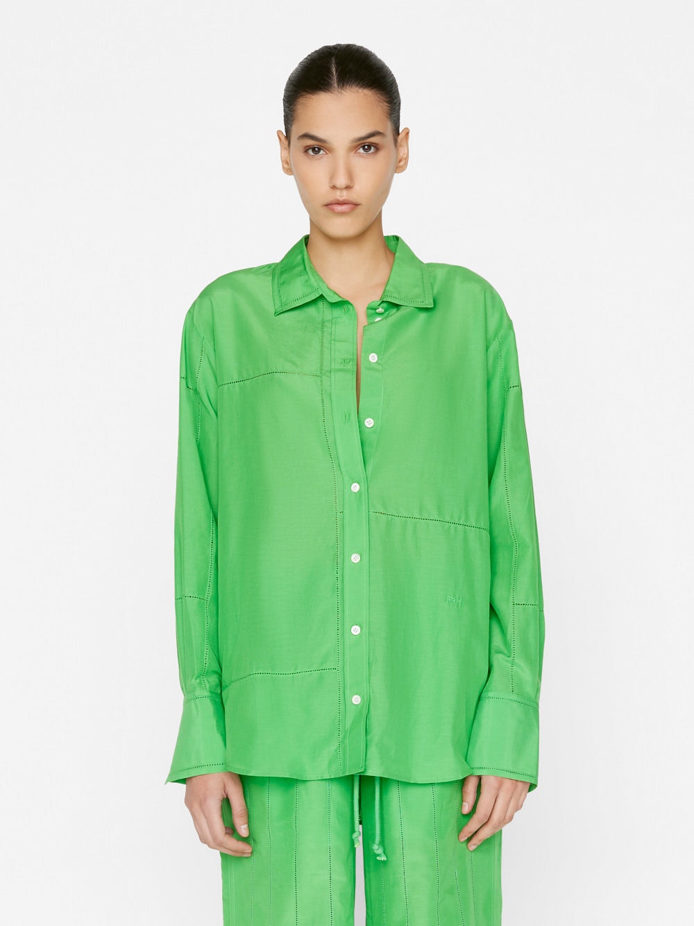 The Oversized Linear Lace Shirt in Bright Peridot by Frame Denim