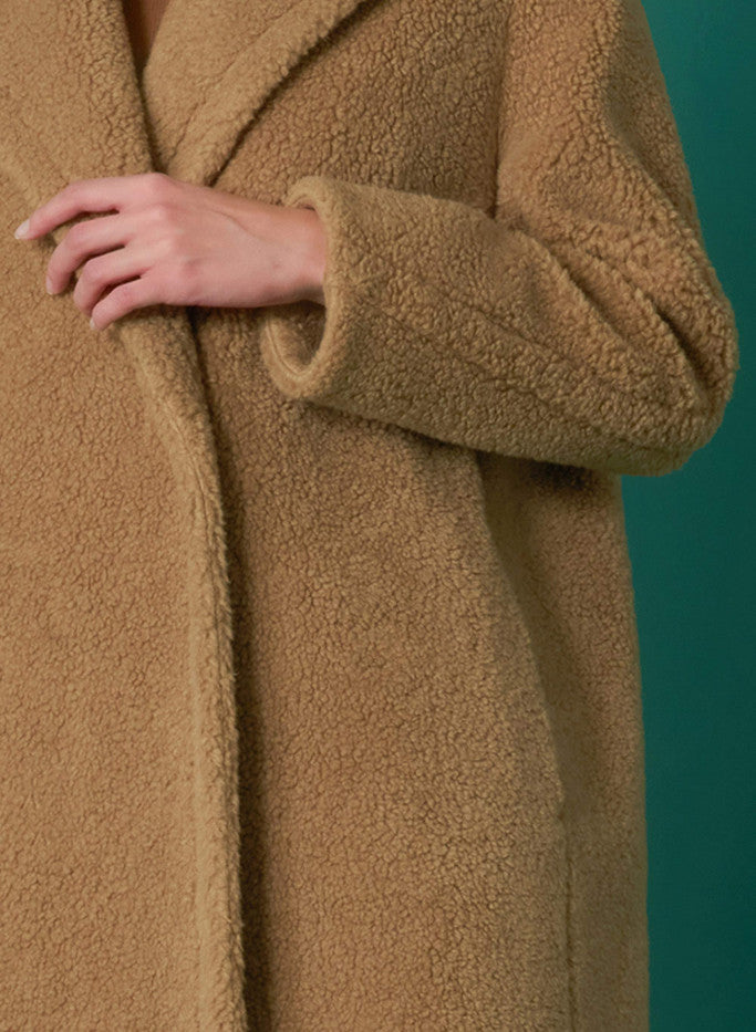 Long Camel Teddy Coat with Notch Collar by Cinzia Rocca